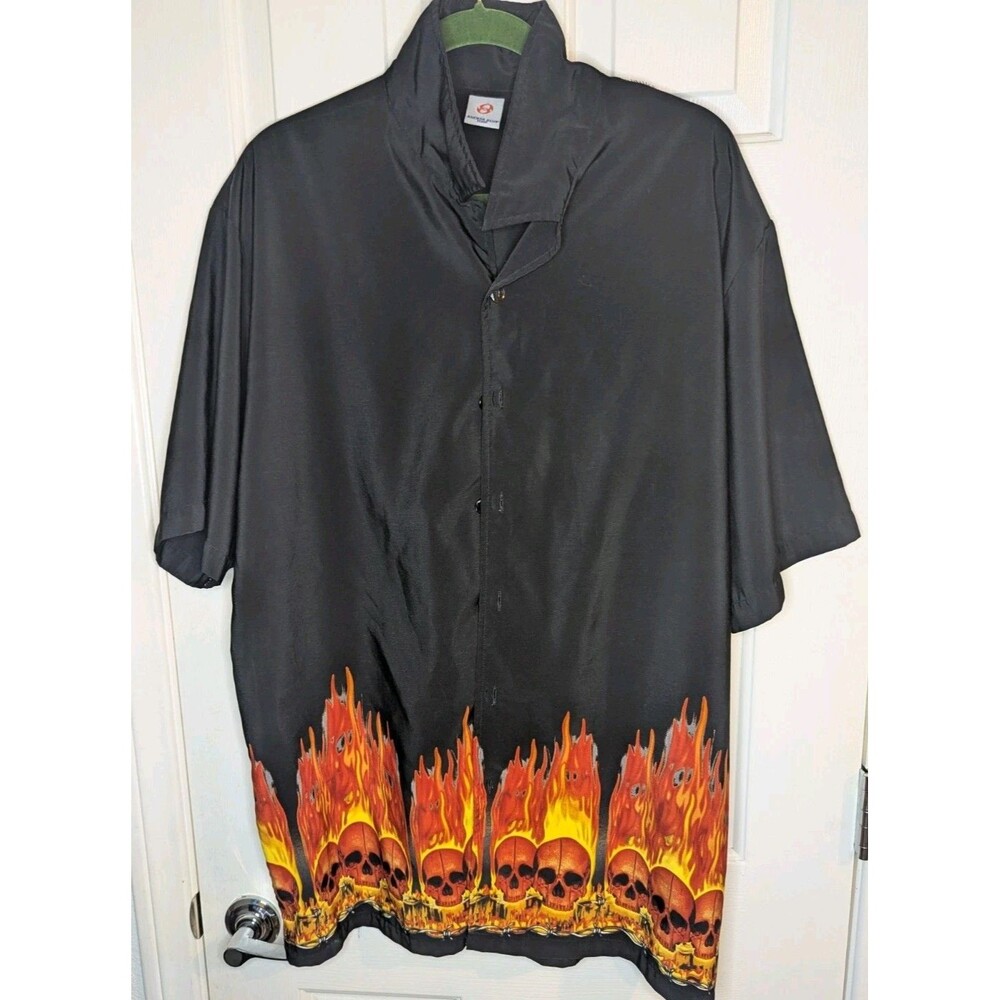 Flaming Skulls Anchor Blue Short Sleeve Flames And Skulls Print Shirt Size XL